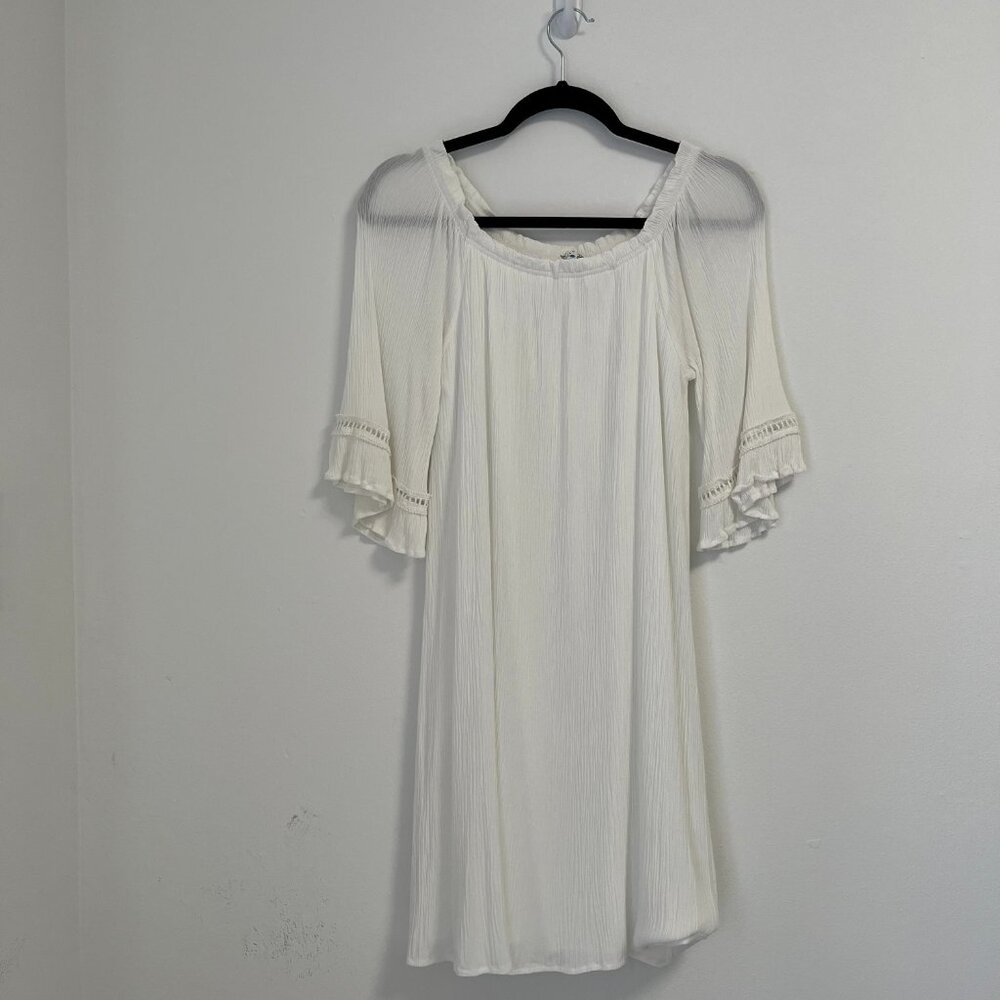 NAIF Boho Pullover Shift Dress White Flare Sleeve Lace Insert Cotton Blend Sz S?